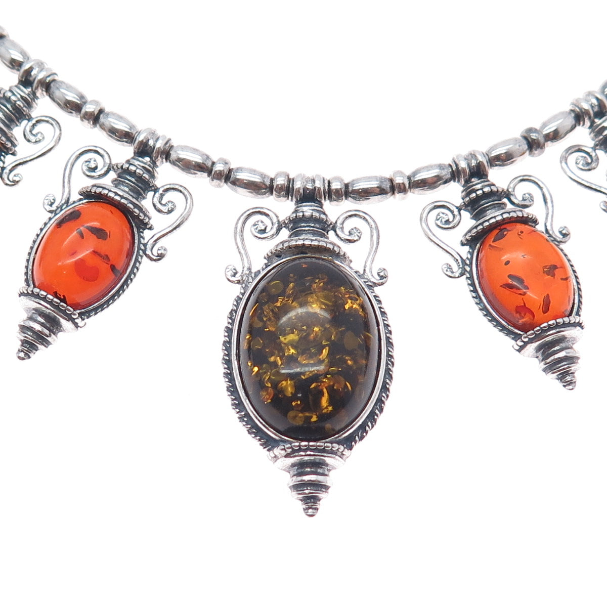 VALERIO V-8 Sterling Silver Vintage Poland Amber Modernist Chain Necklace 16"