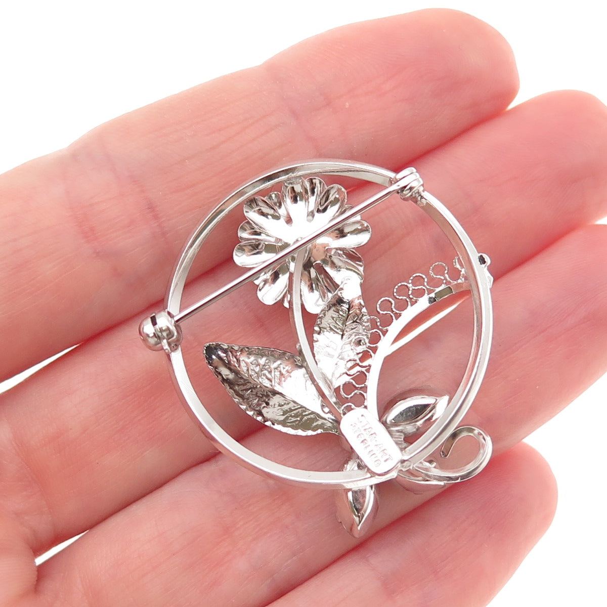 Star Art 925 Sterling Silver Vintage Rhinestone Floral Pin Brooch
