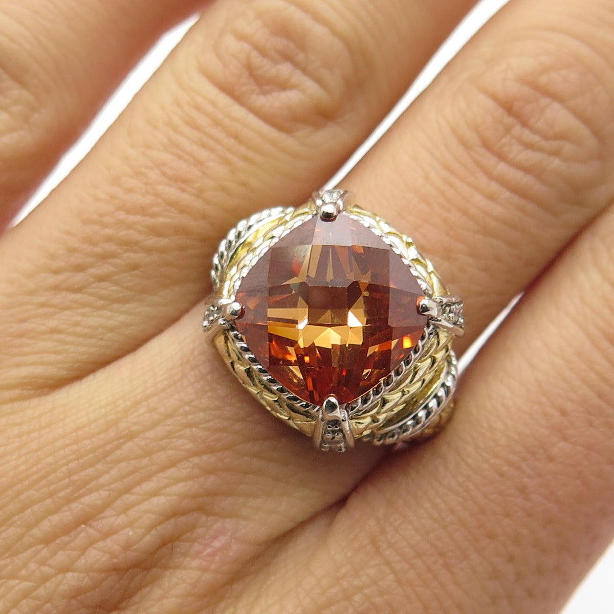 925 Sterling Silver 2-Tone Cushion-Cut Cognac & Round White C Z Ring Size 8.25