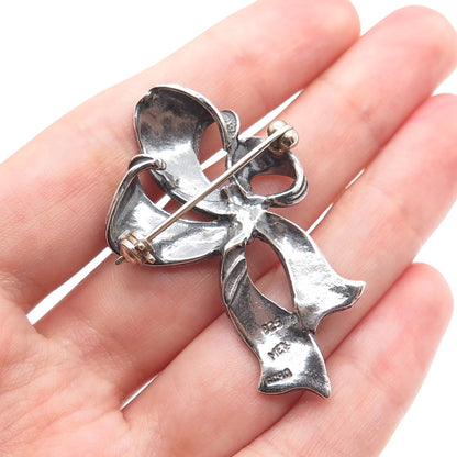 925 Sterling Silver Vintage Mexico Ribbon Bow Oxidized Pin Brooch