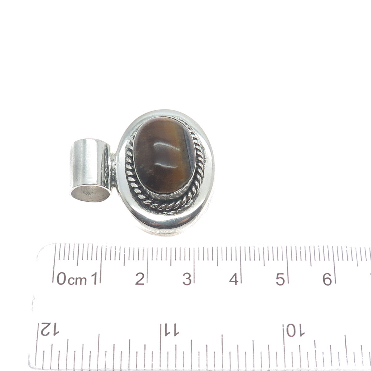 925 Sterling Silver Vintage Mexico Real Tiger Eye Gemstone Slide Pendant