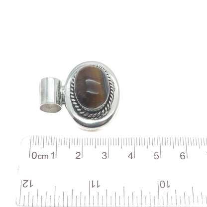 925 Sterling Silver Vintage Mexico Real Tiger Eye Gemstone Slide Pendant