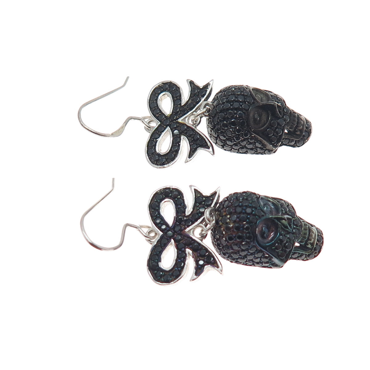 925 Sterling Silver Real Black Spinel Skull & Bow Dangle Earrings