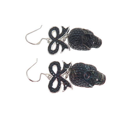 925 Sterling Silver Real Black Spinel Skull & Bow Dangle Earrings