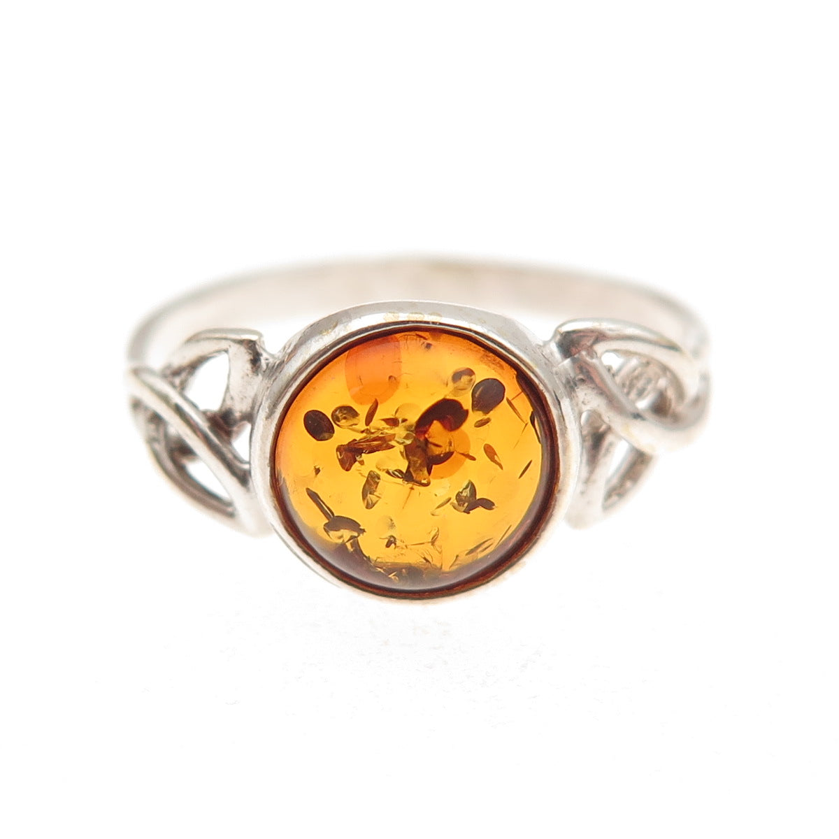 925 Sterling Silver Vintage Poland Real Amber Celtic Trinity Knot Ring Size 7.25