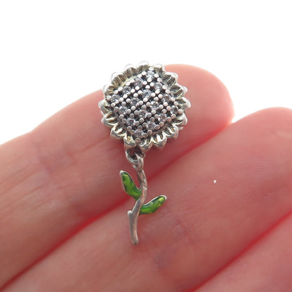 925 Sterling Silver 2-Tone Enamel & C Z Sunflower Dangle Bead Charm