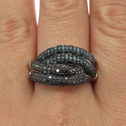 925 Sterling Silver Real Round-Cut Black & Blue Diamond Ring Size 10.25