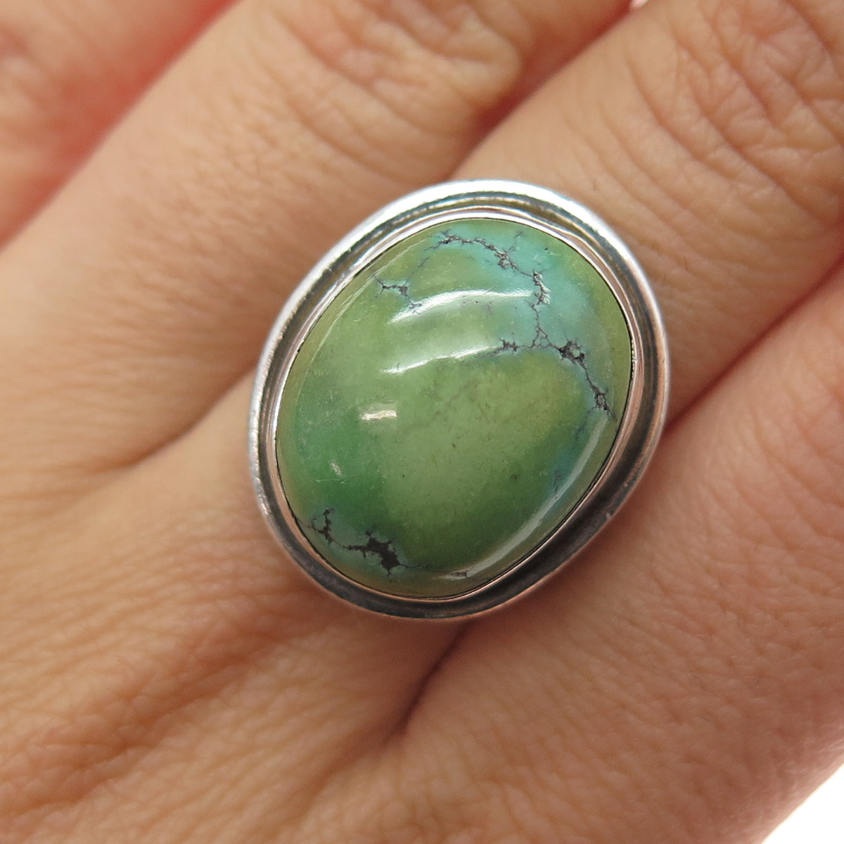 925 Sterling Silver Vintage Real Cabochon Royston Turquoise Ring Size 6.75