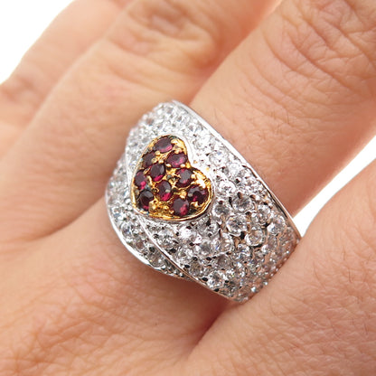 925 Sterling Silver 2-Tone Round-Cut Red & White C Z Heart Ring Size 10.5