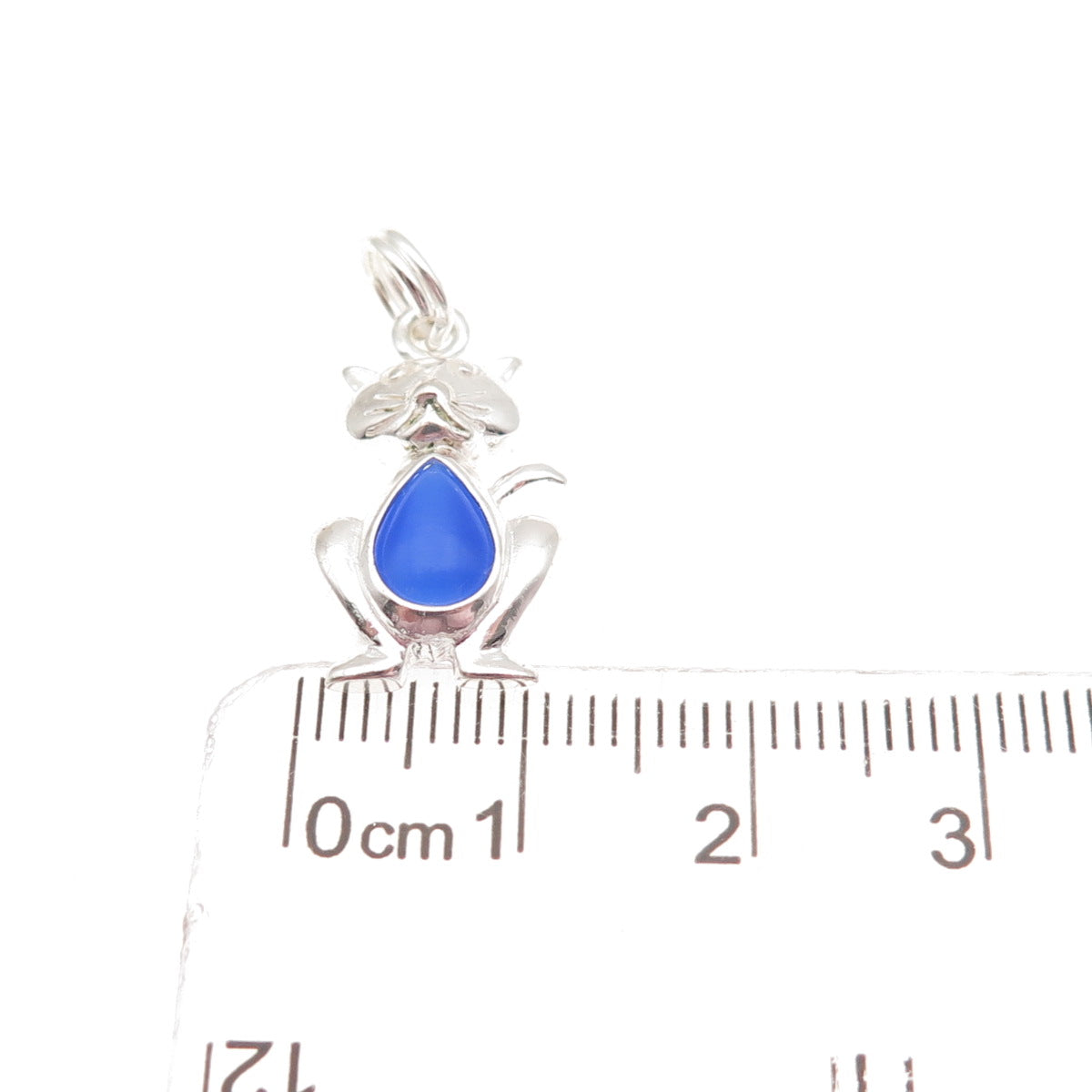 925 Sterling Silver Vintage Real Blue Chalcedony Cat Charm Pendant