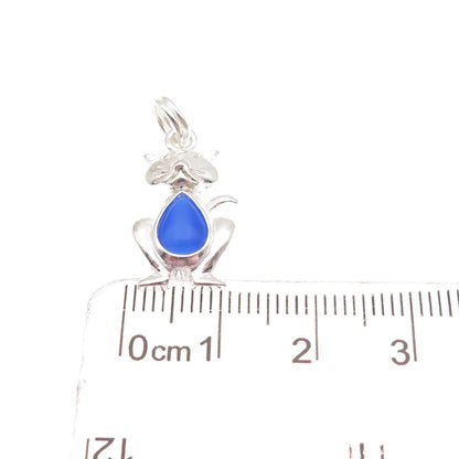 925 Sterling Silver Vintage Real Blue Chalcedony Cat Charm Pendant