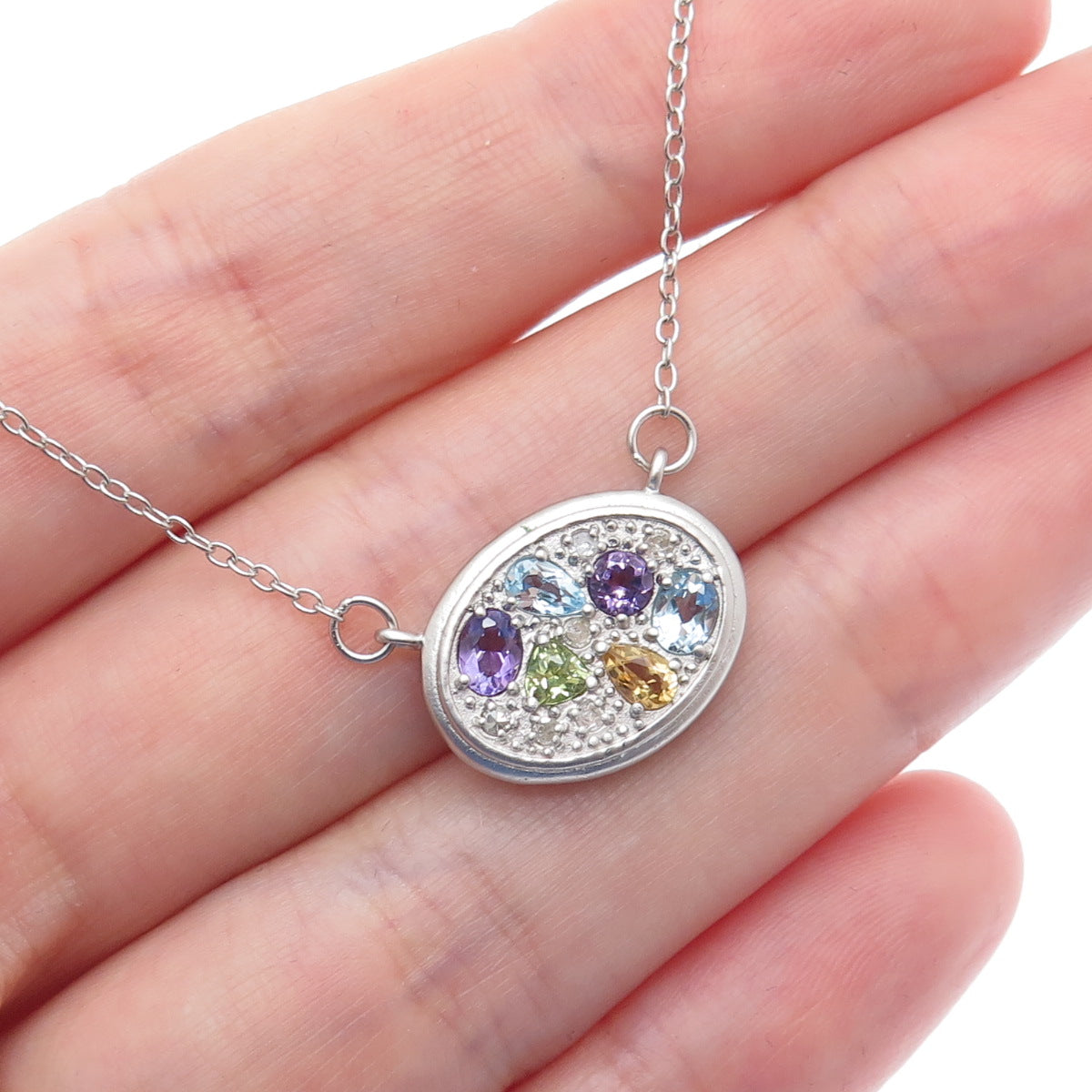 925 Sterling Silver Diamond Topaz Peridot Citrine & Amethyst Chain Necklace 18"