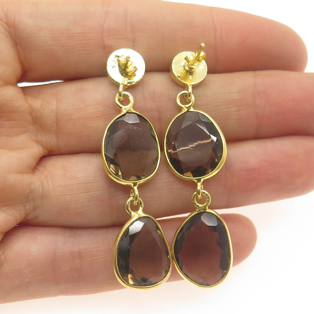 925 Sterling Silver Gold Plated Vintage Smoky Quartz Modernist Dangle Earrings