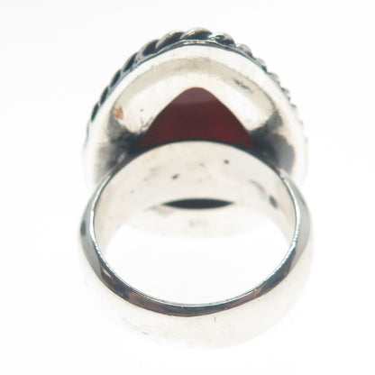 925 Sterling Silver Vintage Real Pear-Cut Carnelian Oxidized Ring Size 8.25