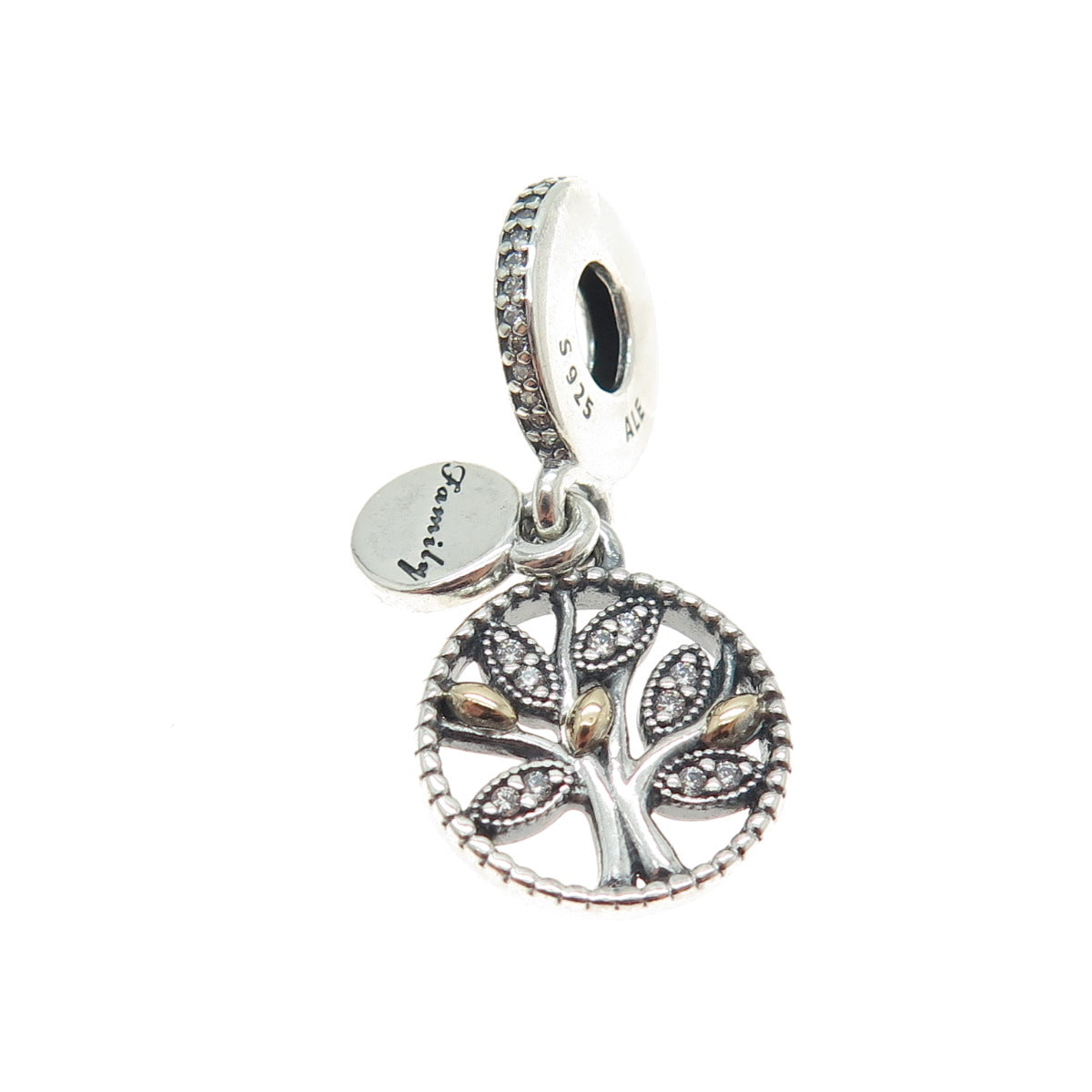 PANDORA Gold & 925 Sterling Silver C Z Family Tree Dangle Charm