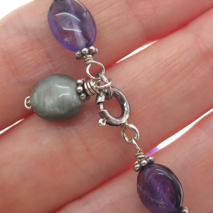 925 Sterling Silver Vintage Real Amethyst & Agate Oxidized Bracelet 7"