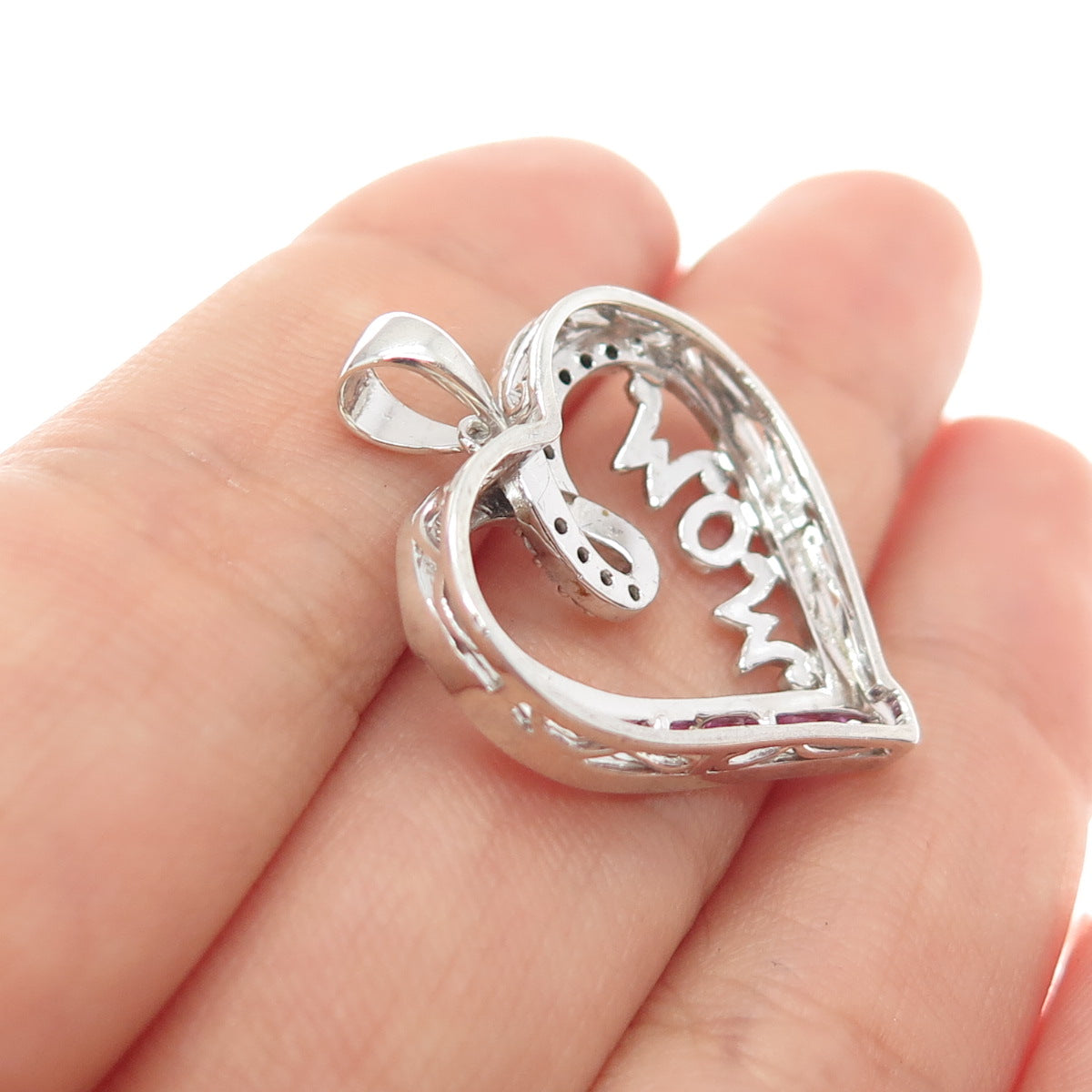 SUN 925 Sterling Silver Real Pink Sapphire & White Topaz Mom Heart Pendant