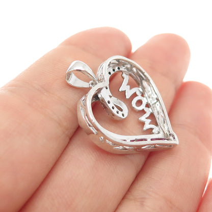 SUN 925 Sterling Silver Real Pink Sapphire & White Topaz Mom Heart Pendant