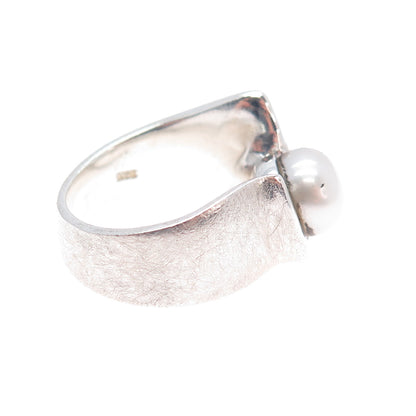 925 Sterling Silver Vintage Real Pearl Modernist Ring Size 6