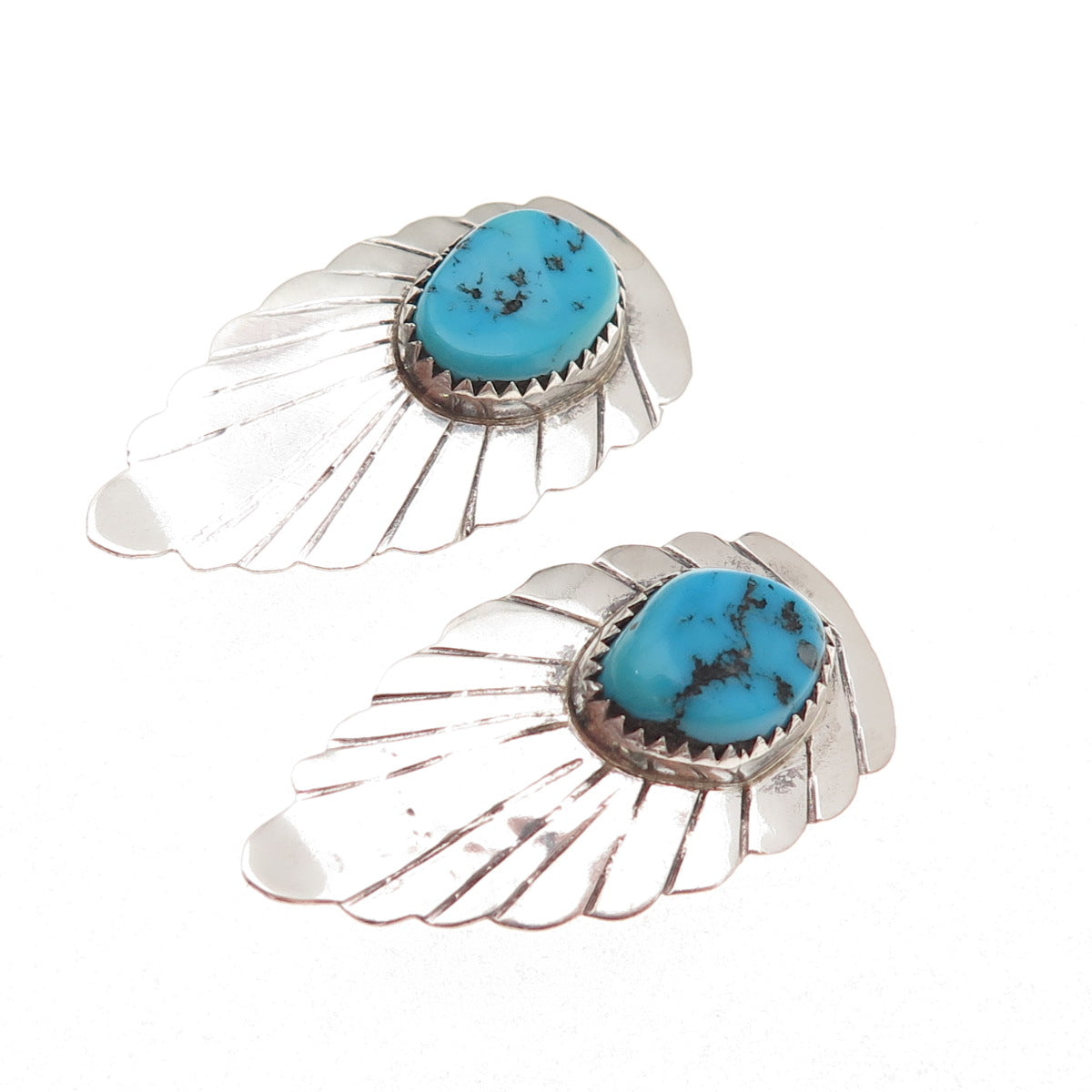 Old Pawn Sterling Silver Vintage Southwestern Turquoise Floral Clip On Earrings