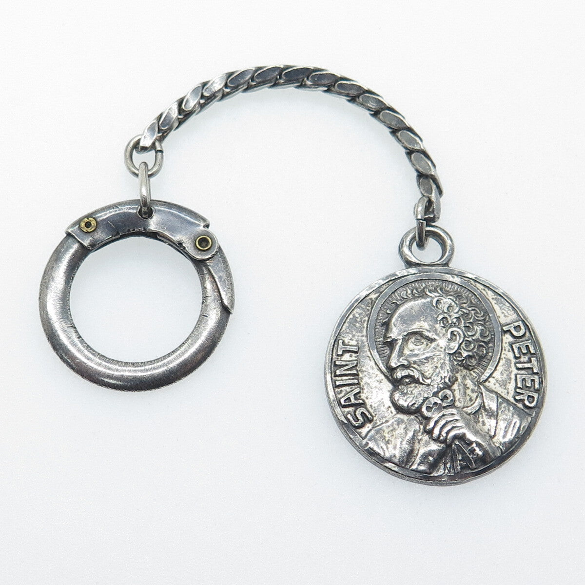 925 Sterling Silver Antique Art Deco St. Peter Emergency OxidizedKey Fob Chain