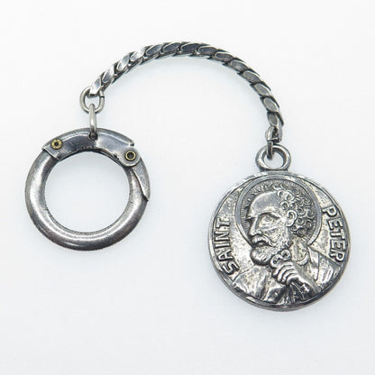 925 Sterling Silver Antique Art Deco St. Peter Emergency OxidizedKey Fob Chain