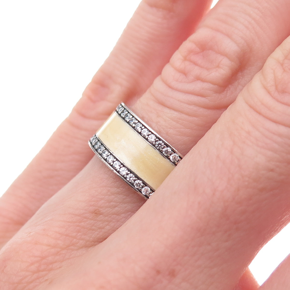 Pandora 925 Sterling Silver Enamel & C Z Hearts Band Ring Size 5