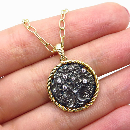 925 Sterling Silver Gold Plated C Z Black Rodium Tree Rolo Chain Necklace 18"