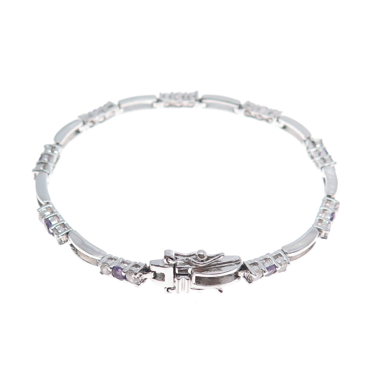 925 Sterling Silver Real Amethyst & C Z Station Tennis Link Bracelet 7.25"