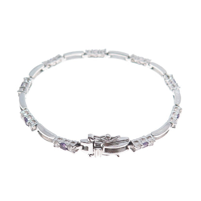 925 Sterling Silver Real Amethyst & C Z Station Tennis Link Bracelet 7.25"