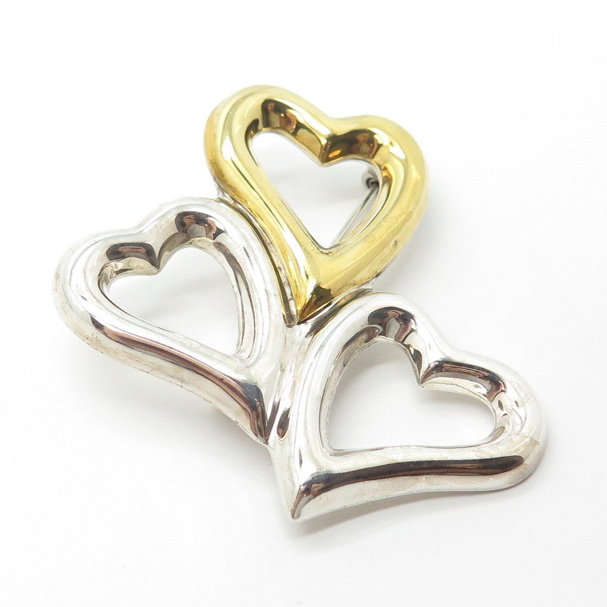 925 Sterling Silver 2-Tone Vintage Mexico Laton Heart Handcrafted Pin Brooch