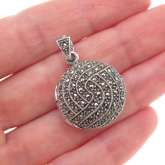 925 Sterling Silver Vintage Real Marcasite Oxidized Round Locket Charm Pendant