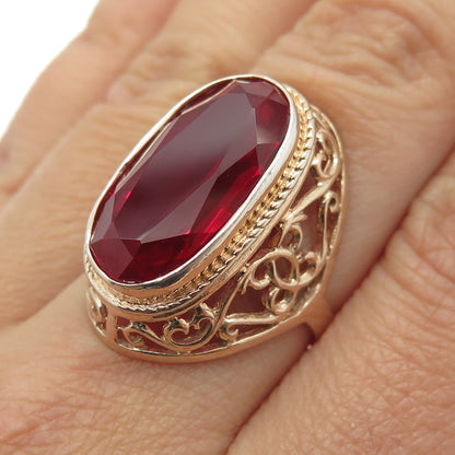 925 Sterling Silver Rose Gold Plated Lab-Created Ruby Ornate Ring Size 6.5