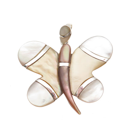 925 Sterling Silver Vintage Real Mother-of-Pearl Butterfly Pendant