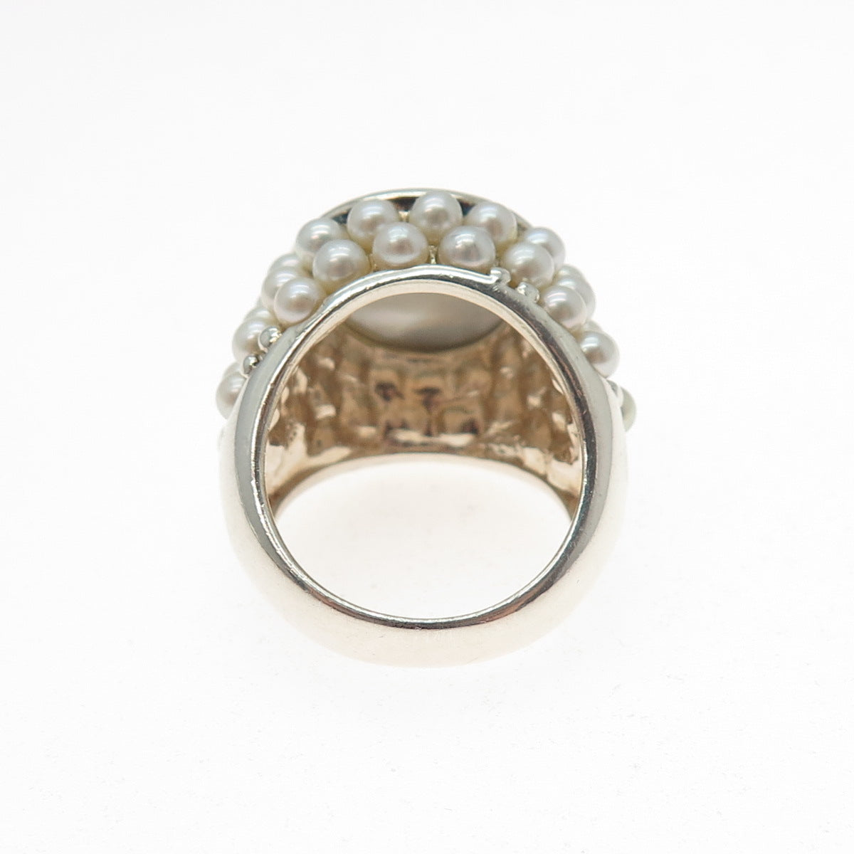 925 Sterling Silver Vintage Real Abalone Shell & Pearl Beaded Ring Size 8.5