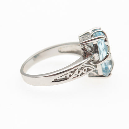 925 Sterling Silver Real Radiant-Cut Blue Topaz Floral Scroll Ring Size 7
