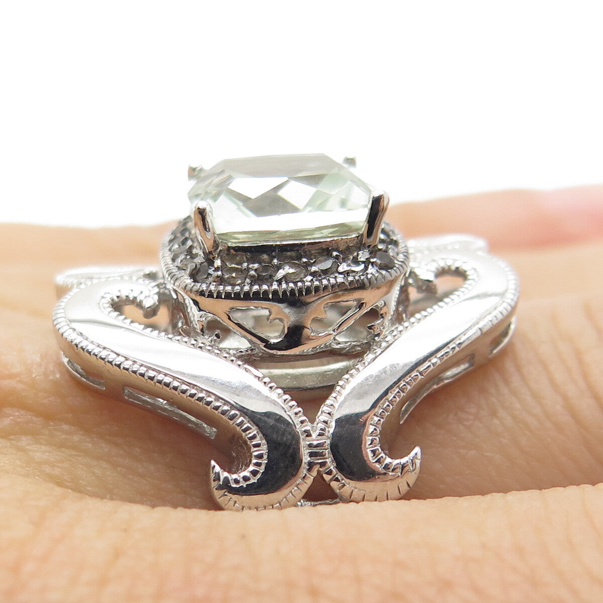 925 Sterling Silver Real Round-Cut Diamond & Green Amethyst Ring Size 7.25
