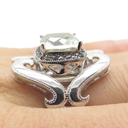 925 Sterling Silver Real Round-Cut Diamond & Green Amethyst Ring Size 7.25