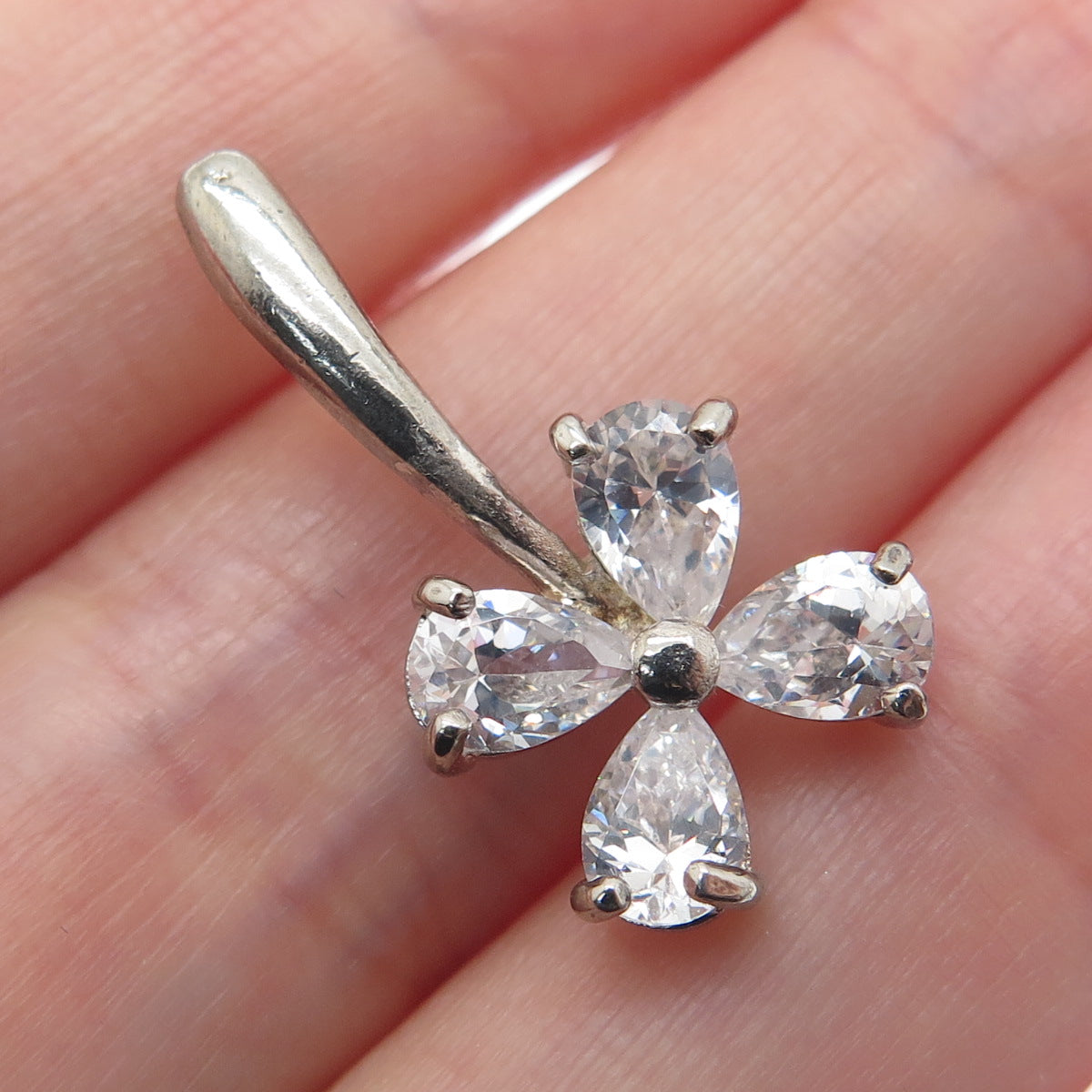 925 Sterling Silver Pear-Cut C Z Flower Charm Pendant