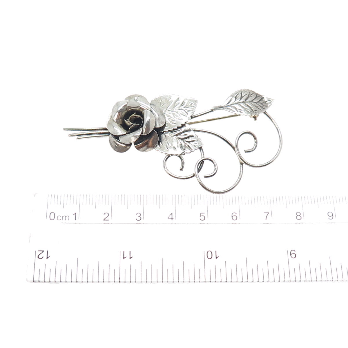 LANG 925 Sterling Silver Vintage Rose Flower Oxidized Pin Brooch