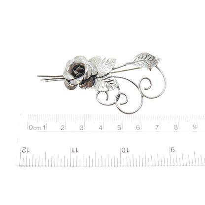 LANG 925 Sterling Silver Vintage Rose Flower Oxidized Pin Brooch