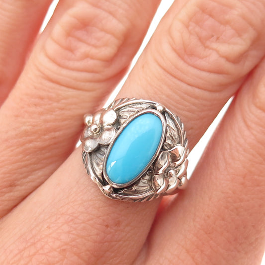 925 Sterling Silver Vintage Real Sleeping Beauty Turquoise Floral Ring Size 8