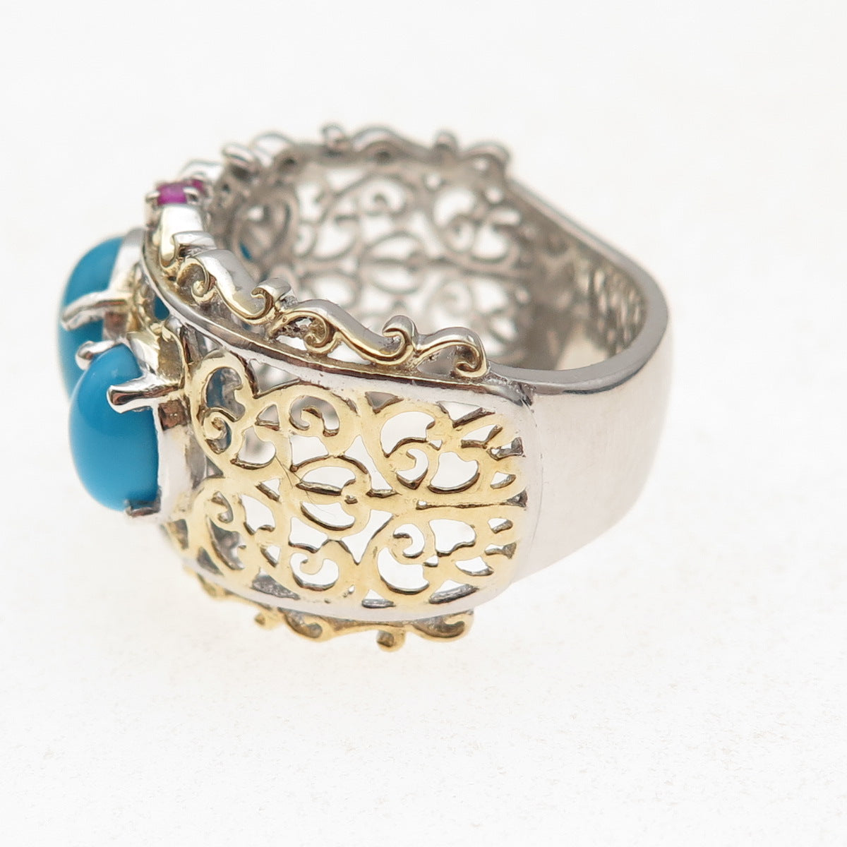 Chuck Clemency 925 Sterling Silver 2-Tone Real Turquoise & Ruby Ring Size 8.5