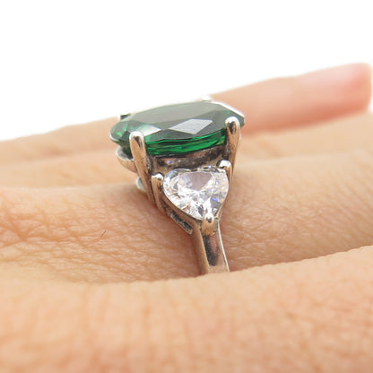 925 Sterling Silver Oval-Cut Green & Heart-Cut White C Z Ring Size 7.25
