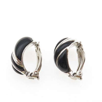 925 Sterling Silver Vintage Real Black Onyx Modernist Clip On Earrings