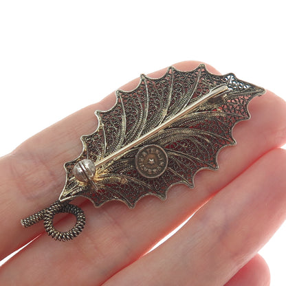 925 Sterling Silver Gold Plated Vintage Filigree Leaf Pin Brooch