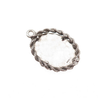 925 Sterling Silver Vintage Oval Tag Twisted Rope Oxidized Charm Pendant