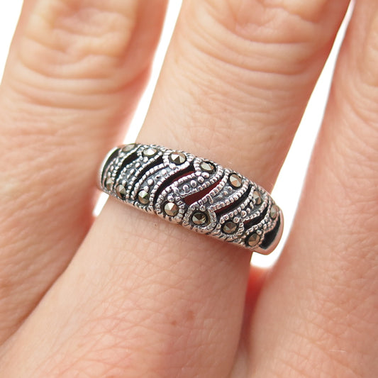 925 Sterling Silver Vintage Real Marcasite Modernist Wavy Ribbed Ring Size 6.5