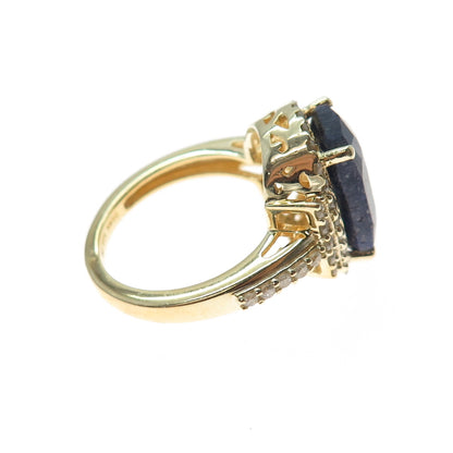 DSMK 925 Sterling Silver Gold Plated Real Diamond & Sapphire Ring Size 7
