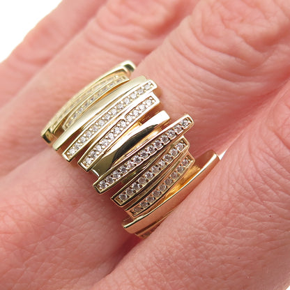 925 Sterling Silver Gold Plated Round-Cut C Z Modernist Ribbed Ring Size 9.25